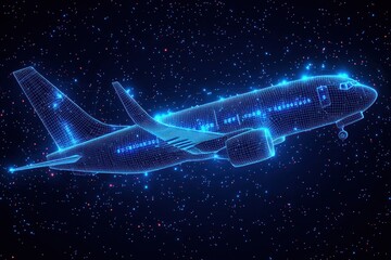 Wireframe Airplane Soaring Through a Starry Night Sky