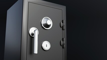 3d rendering of a heavy-duty metal safe with a combination lock and keyhole. The safe is secured with large hinges and a sturdy handle.