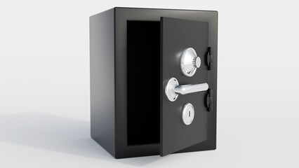 3d rendering of a heavy-duty metal safe with a combination lock and keyhole. The safe is secured with large hinges and a sturdy handle.