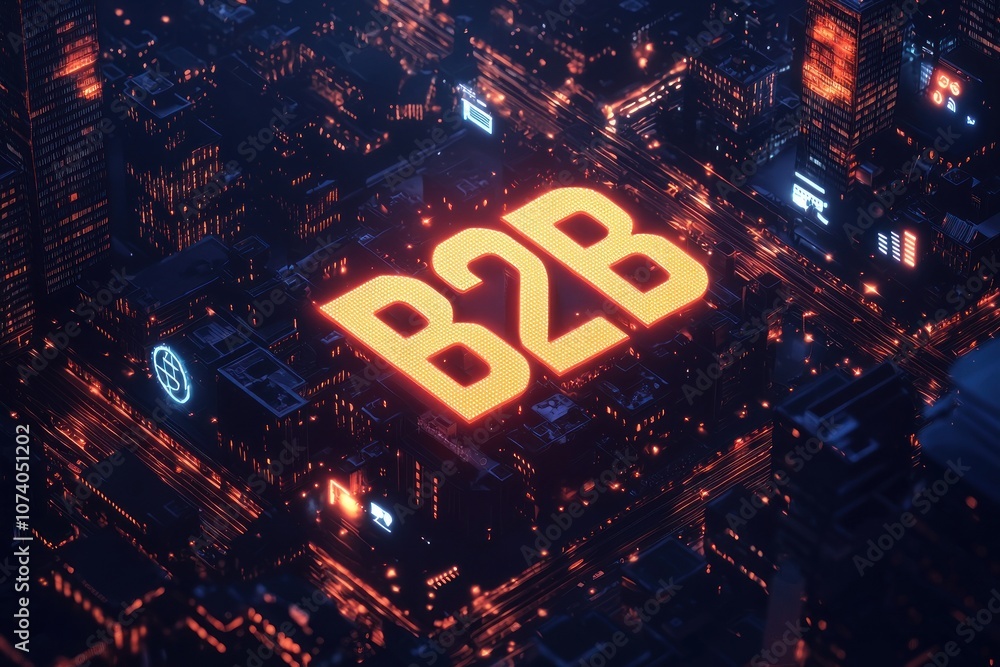 Poster illuminated b2b text in a futuristic cityscape
