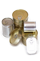 A Group of Stacked Tin Cans with Blank Edges Isolated on White Background. Canned Food. Different Aluminum Cans for Safe and Long Term Storage of Food. Steel Sealed Food Storage Containers - Isolation