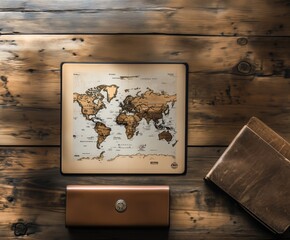 A vintage world map displayed on a wooden desk, surrounded by a leather book and wallet, evokes a sense of adventure, history, and exploration in a classic setup.