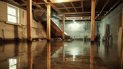Fototapeta premium Flooded basement with standing water and damaged interior