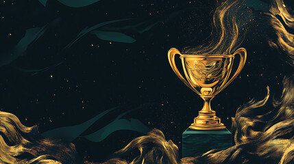 Golden trophy on dark background with copy space, gold award cup for success and victory concept banner design of business winner or sport competition