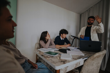 High school students collaborating on a school project with their professor in a cozy home setting, surrounded by notebooks and a laptop. Focused and engaged, they work together after school.