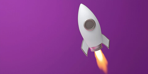 Toy rocket taking off on purple background. Imagination or entrepreneurship concept