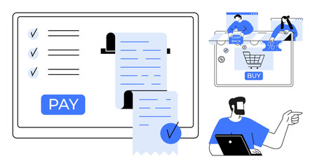 Digital payment interface, receipts, and online shopping cart with customers. Ideal for e-commerce, online payments, financial apps, digital marketing, web design, business presentations