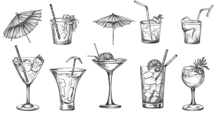 Hand drawn set of various cocktail glasses with decorative elements, such as straws and umbrellas on a white background