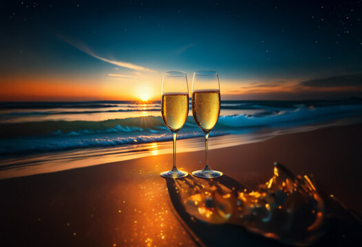 Two champagne flutes sit on the beach at sunset, with the golden light illuminating the scene. - Powered by Adobe