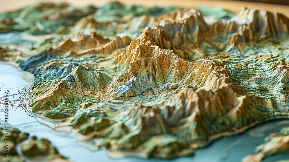 Poster High-tech GIS geodata mapping concept showcasing a terrain model, illustrating advanced geographic information systems and spatial data visualization