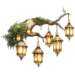 A Set of Glowing Elven Lanterns Hanging from Tree Branches