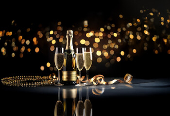 A bottle of champagne and three glasses sit on a reflective surface, with sparkling lights and gold ribbons in the background.