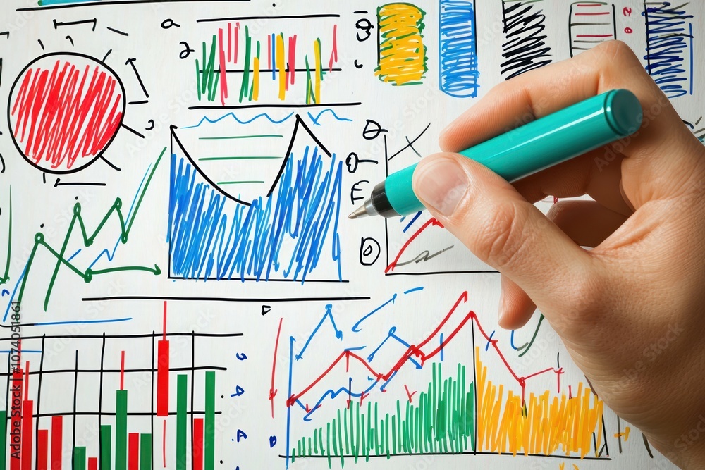 Poster hand drawing colorful graphs and charts on a whiteboard with a turquoise marker