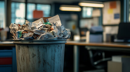 In the corner of the office there is a trash can full of crumpled papers