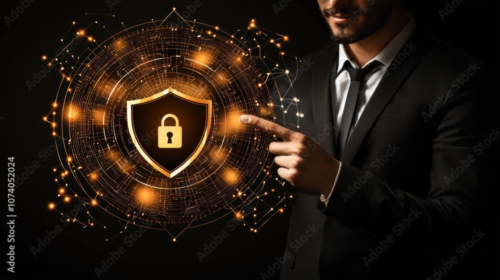 Aufkleber Businessman Presenting a Golden Shield with a Lock Icon in a Networked Circle