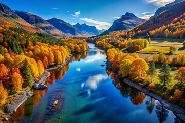 Captivating Aerial View of Norwegian Autumn River Landscape with Vibrant Fall Foliage, Serene Waters, and Majestic Mountains in the Background, Perfect for Nature Lovers and Travel Enthusiasts