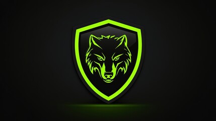 Logo design featuring a wolf head inside a shield, with vibrant acid lime and acid green colors, set against a bold black background, capturing a modern, edgy, and fierce aesthetic perfect for a sport
