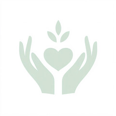 Obraz premium A simple graphic of two hands cradling a heart with a leaf above, symbolizing care, compassion, and growth.
