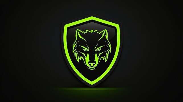 Logo design featuring a wolf head inside a shield, with vibrant acid lime and acid green colors, set against a bold black background, capturing a modern, edgy, and fierce aesthetic perfect for a sport