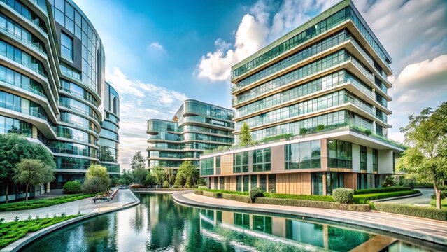 Captivating Architectural Photography of a Modern Chiko Building Surrounded by Lush Greenery and Blue Skies, Showcasing Striking Lines and Innovative Design Elements