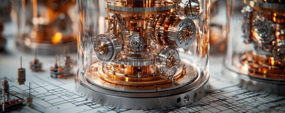 Poster close-up of a complex mechanical device with gears and glass enclosure