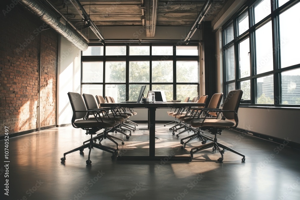 Poster Empty Conference Room with Sunlight Streaming Through Windows