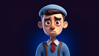 A 3D cartoon avatar depicting a male figure in visible pain, with sadness and helplessness in his eyes, evoking compassion.