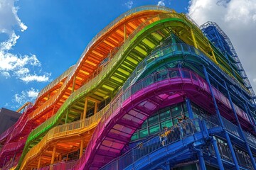 Multicolored Staircase Structure with People on a Balcony