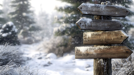 Fototapeta premium Rustic wooden signpost with three empty signs in snowy winter setting