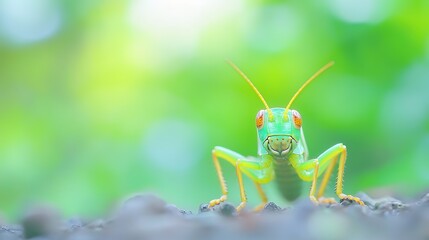 Fototapeta premium One isolated colored grasshopper in kawaii style, looking directly at the viewer in full-body, showcasing its vibrant and playful design, with a cute and whimsical aesthetic that emphasizes its color