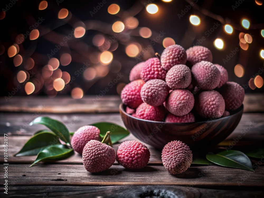 Poster captivating bokeh effect of lychee fruits on a wooden table, emphasizing their unique flavor and jui