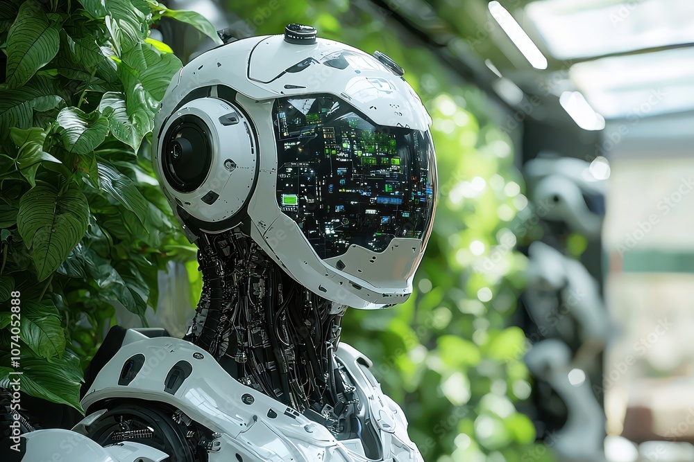 Aufkleber Close-up of a White Robot with a Transparent Helmet Displaying a Complex Circuitry Interface
