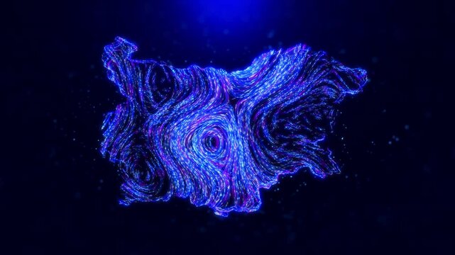 Abstract motion view Bulgaria map design, featuring glowing blue hairlines, dynamic flowing patterns, and scattered bokeh dot particles, creating a tech-inspired and modern digital aesthetic