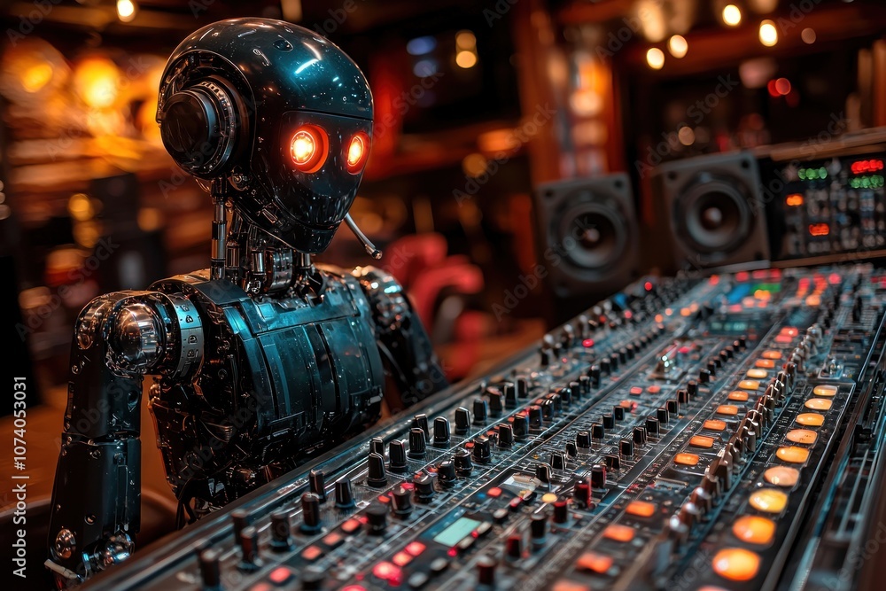 Poster a futuristic robot with glowing red eyes operating a soundboard.