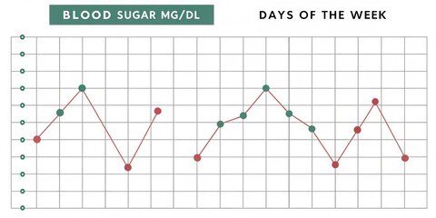 Daily Glucose Levels A detailed line graph displaying seven data points each representing a days average sugar level with the vertical axis labeled Blood Sugar mgdL and the