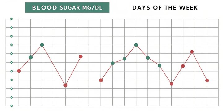 Daily Glucose Levels A detailed line graph displaying seven data points each representing a days average sugar level with the vertical axis labeled Blood Sugar mgdL and the