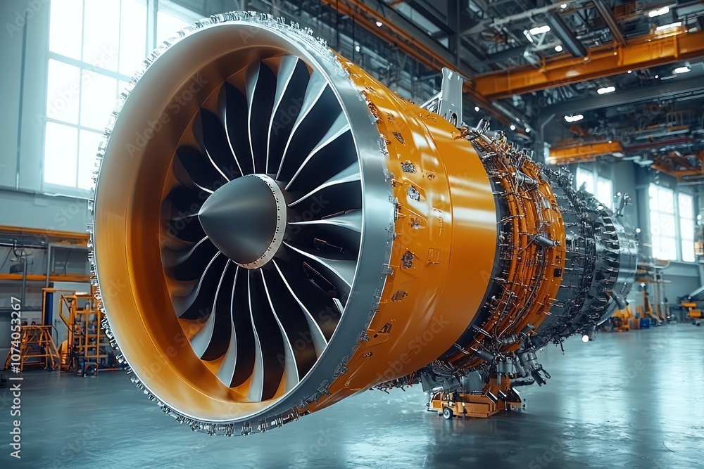 Aufkleber A Close-up of an Airplane Engine in a Factory Setting
