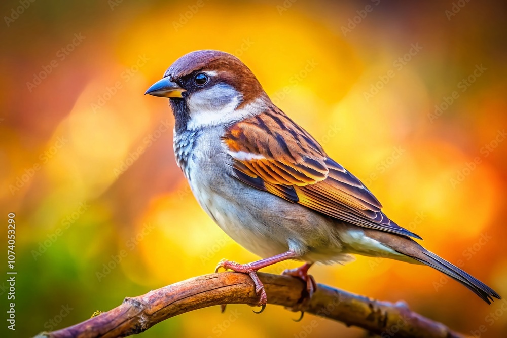 Poster captivating close-up of a charming sparrow perched on a branch, showcasing detailed feathers and vib