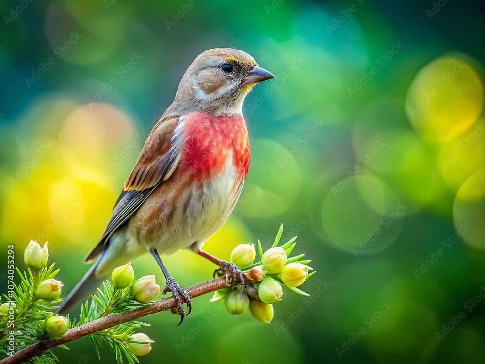 Aufkleber captivating close-up of a common linnet perched on a branch with lush green background and ample cop