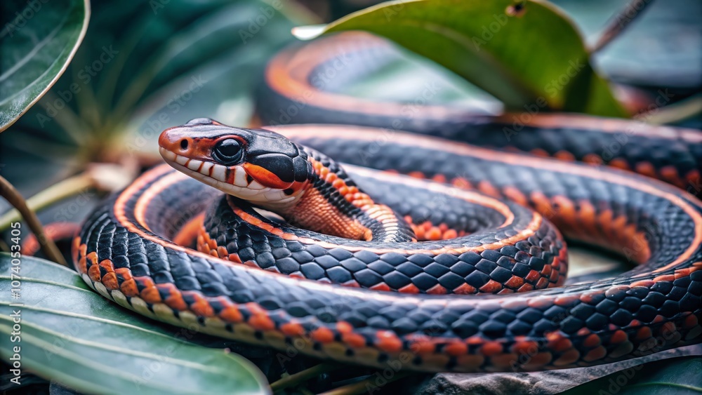 Poster captivating close-up of a red and black striped snake in natural habitat, showcasing its unique patt