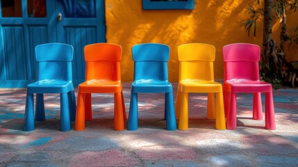 Five colorful plastic chairs arranged in a row on a patio.