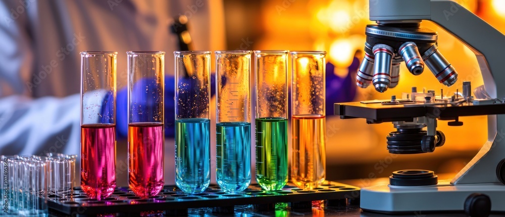 Poster Colorful Liquid Samples and a Microscope in a Laboratory Setting