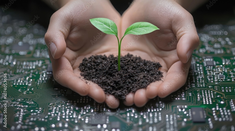 Poster hands holding a small sapling growing from soil on a circuit board