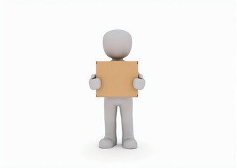 gray toy man 3d carries in hands a cardboard box on white background