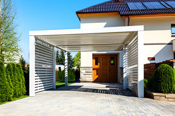 Neighborhood Real Estate Image - Modern house entrance with a carport and landscaped garden.