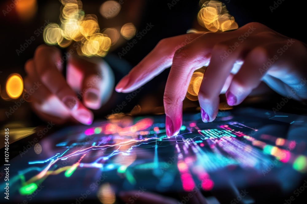 Poster Close-up of a Hand Interacting with a Tablet Displaying Data and Graphs