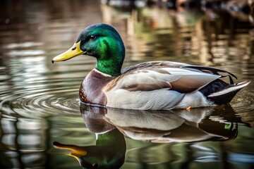 Obraz premium Captivating Documentary Photography of a Mallard Duck in Its Natural Habitat, Showcasing Vibrant Colors and Intricate Details in a Serene Lakeside Environment