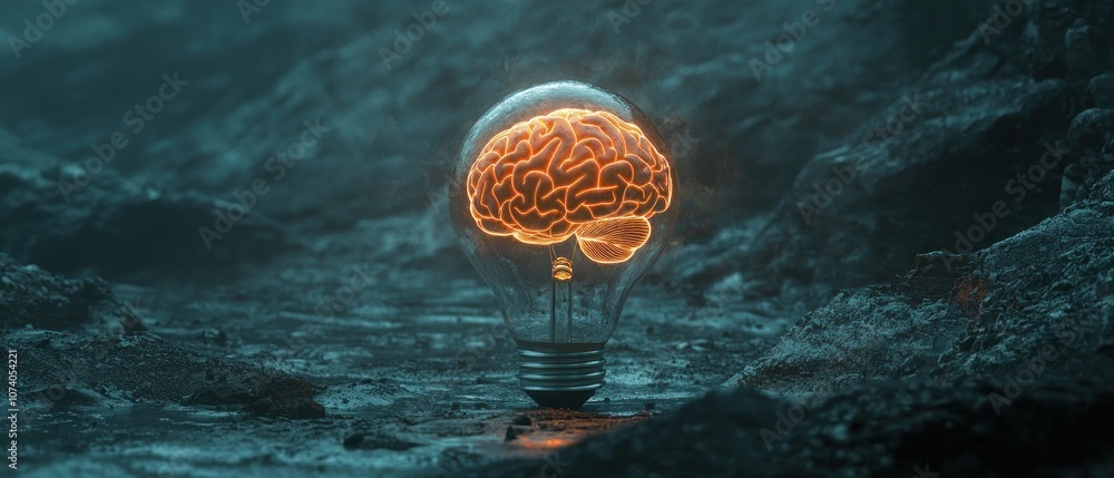 Aufkleber Glowing Brain Inside a Lightbulb on a Rocky Surface