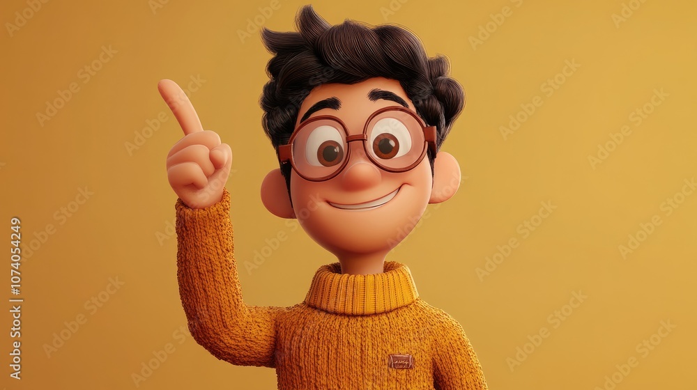 Poster 2d cartoon character design featuring a character pointing upwards