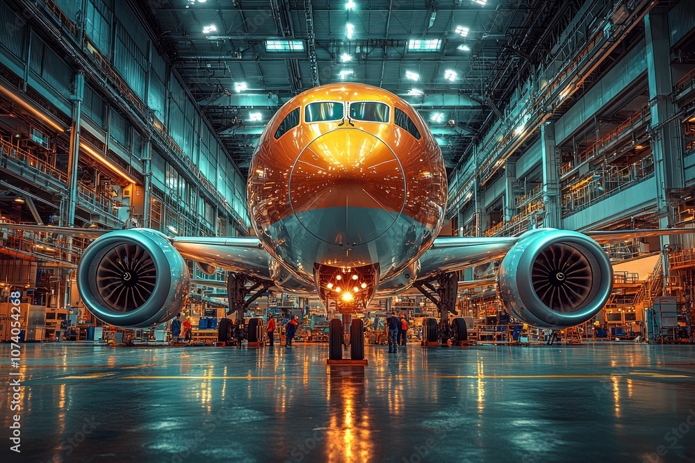Poster a large airplane in a hangar with its engines exposed